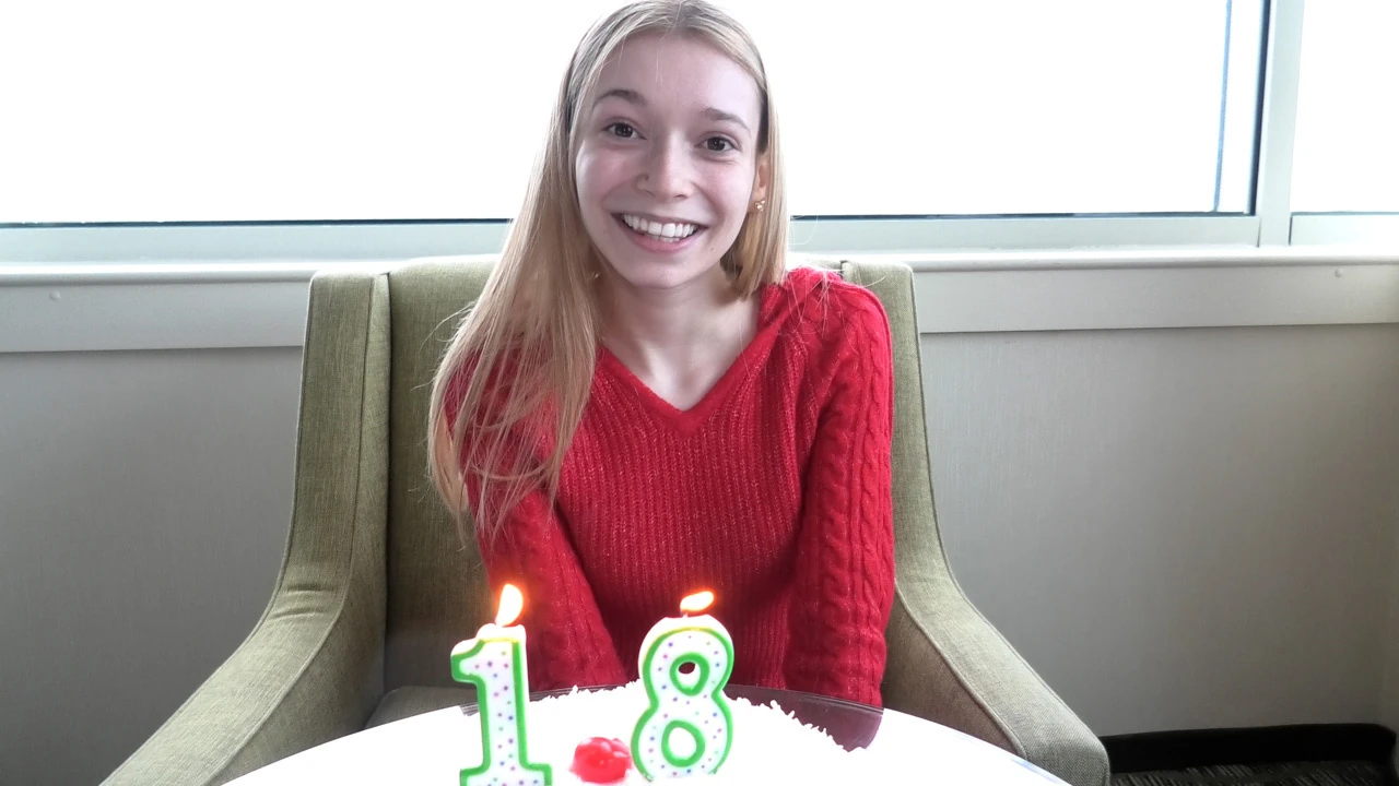 Just turned 18 – blonde slender teen making her first porn